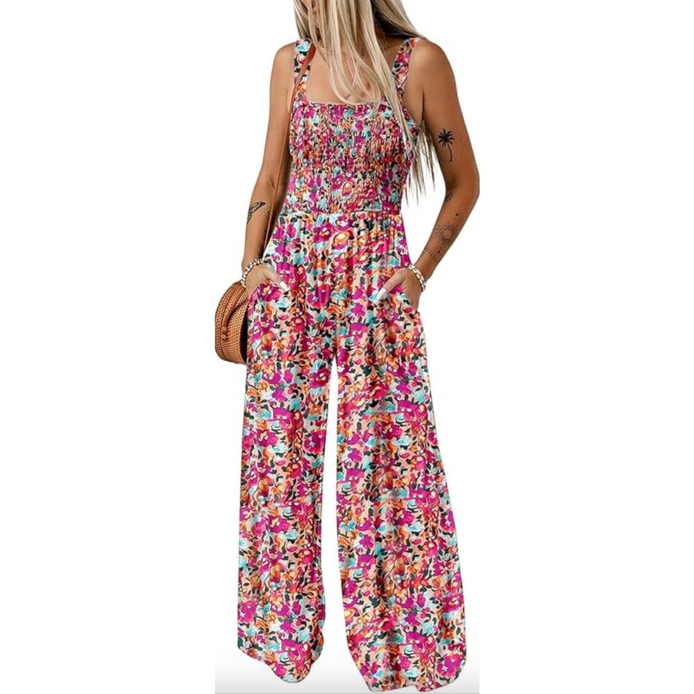 Floral Smocked Wide-Leg Jumpsuit - Pink Multi